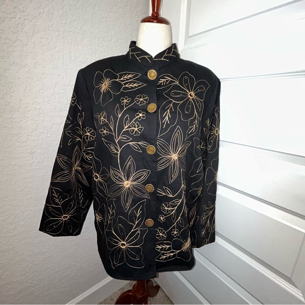Julia Kim Embroidered Sequins Floral Print Decorative Button Front Jacket Coat
